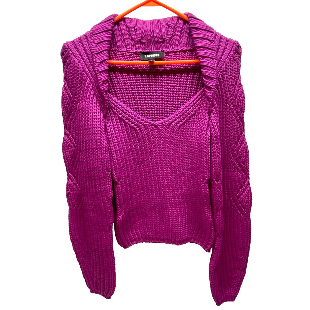 Express Cable Knit Sweater Women's XS Magenta Pullover V-Neck Long Sleeve Top